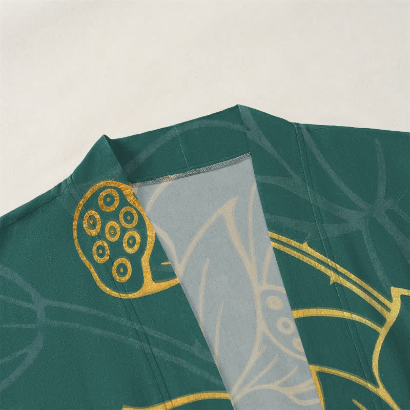 Buddha Stones Kimono pour homme en coton à motif de carpes koï et de lotus, ouvert sur le devant - image 3