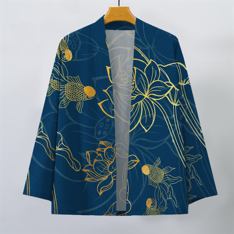 Buddha Stones Kimono pour homme en coton à motif de carpes koï et de lotus, ouvert sur le devant - image 7