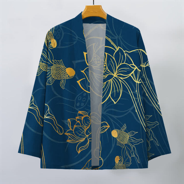 Buddha Stones Kimono pour homme en coton à motif de carpes koï et de lotus, ouvert sur le devant - image 7