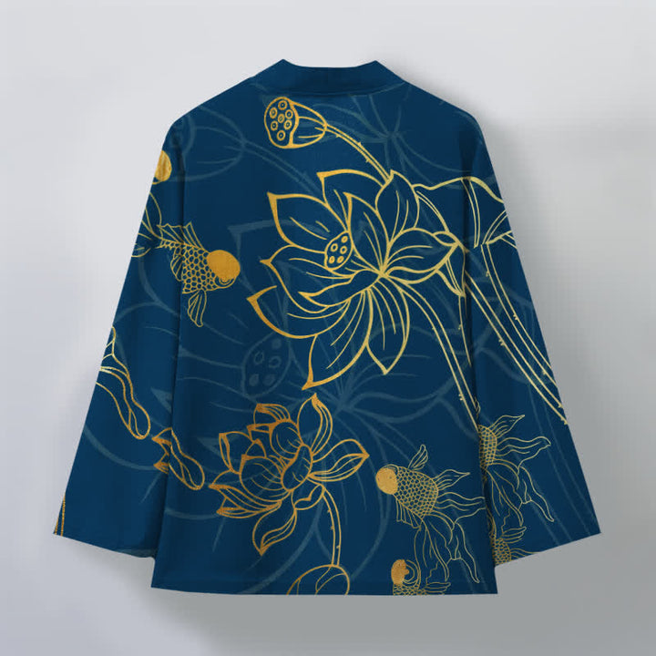 Buddha Stones Kimono pour homme en coton à motif de carpes koï et de lotus, ouvert sur le devant - image 8