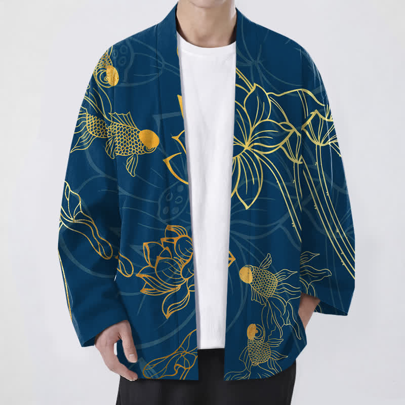 Buddha Stones Kimono pour homme en coton à motif de carpes koï et de lotus, ouvert sur le devant - Marine - US/UK/AU48，EU58 (4XL) - image 6