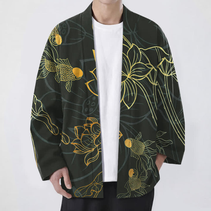 Buddha Stones Kimono pour homme en coton à motif de carpes koï et de lotus, ouvert sur le devant - Noir - US/UK/AU48，EU58 (4XL) - image 9