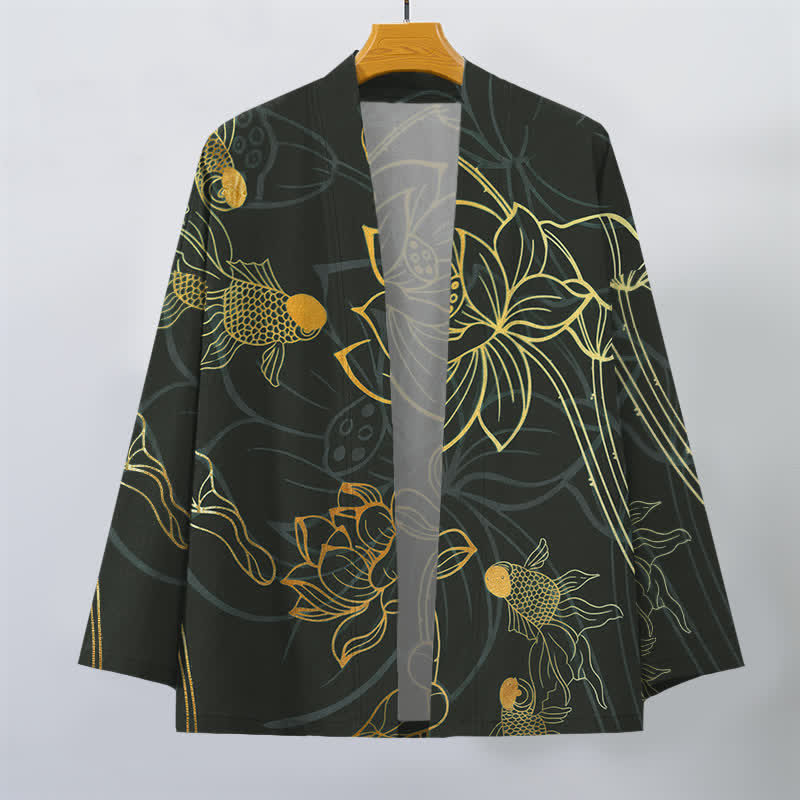 Buddha Stones Kimono pour homme en coton à motif de carpes koï et de lotus, ouvert sur le devant - image 10