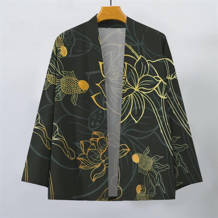 Buddha Stones Kimono pour homme en coton à motif de carpes koï et de lotus, ouvert sur le devant - image 10