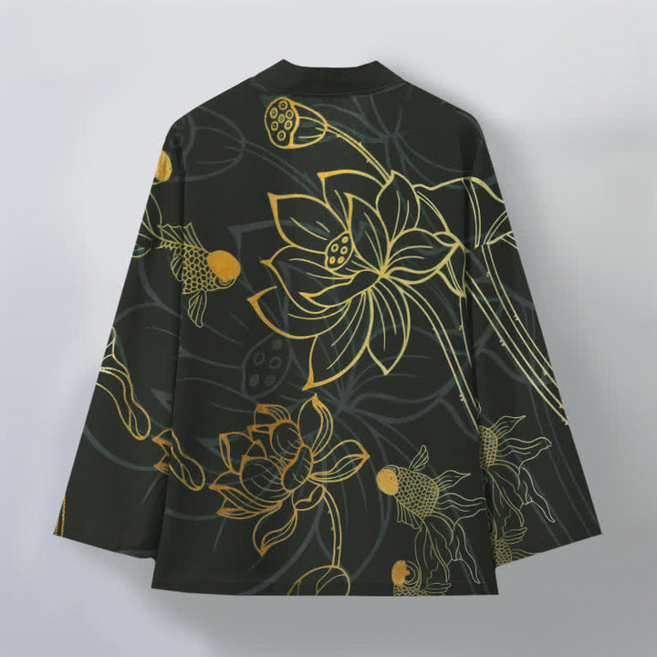 Buddha Stones Kimono pour homme en coton à motif de carpes koï et de lotus, ouvert sur le devant - image 11