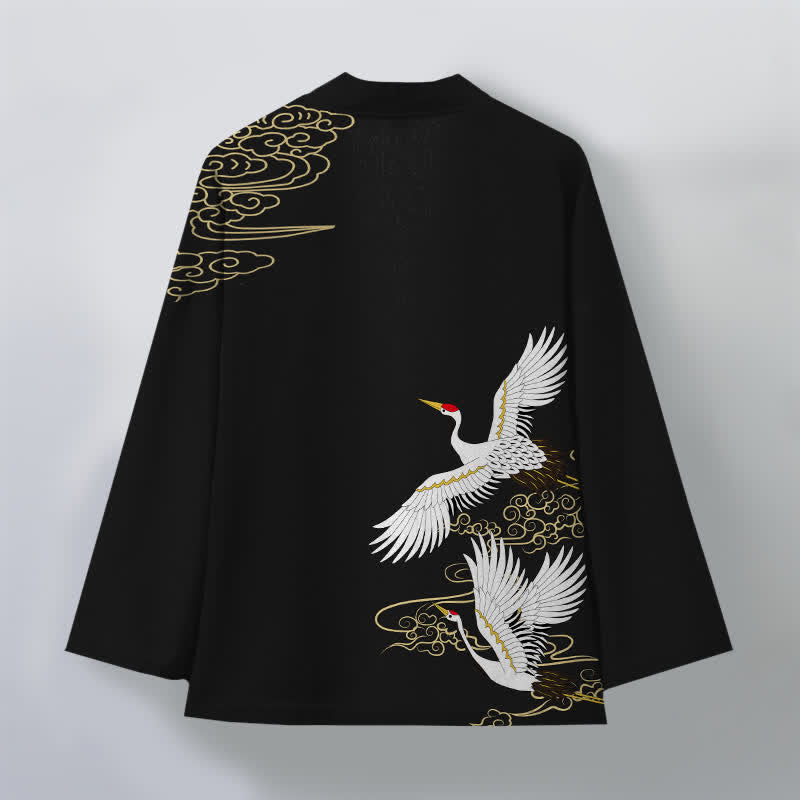 Buddha Stones Kimono pour homme en coton blanc à motif de grues et de nuages ​​porte-bonheur, ouvert sur le devant. - image 2