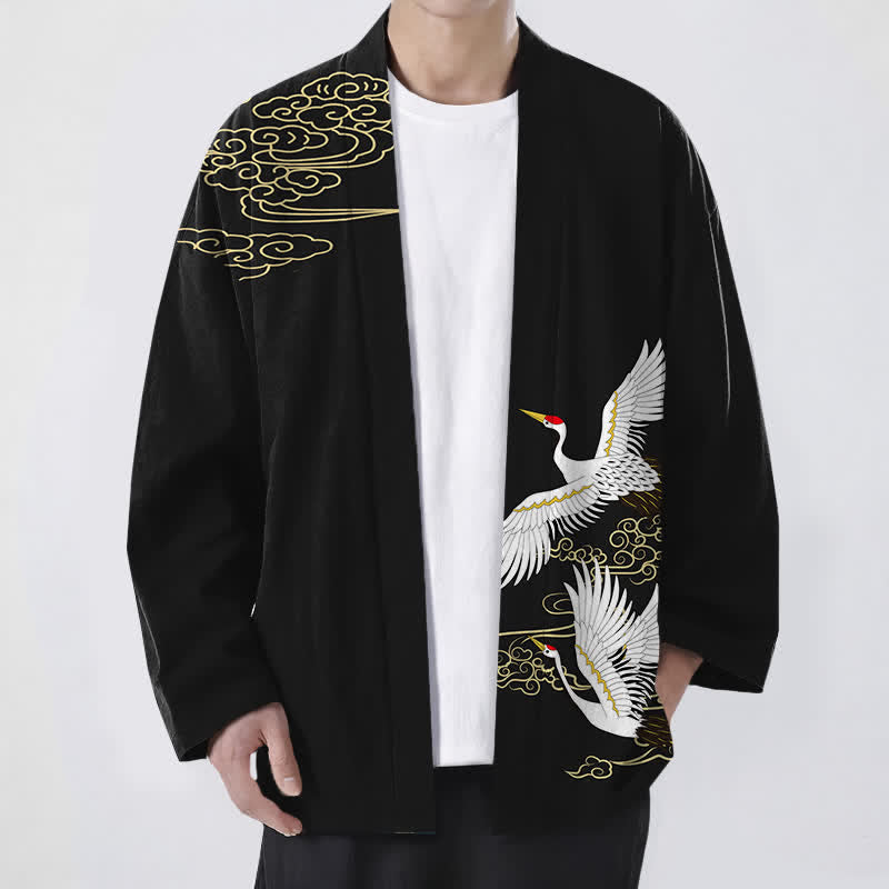 Buddha Stones Kimono pour homme en coton blanc à motif de grues et de nuages ​​porte-bonheur, ouvert sur le devant. - Noir - US/UK/AU48，EU58 (4XL) - image 0