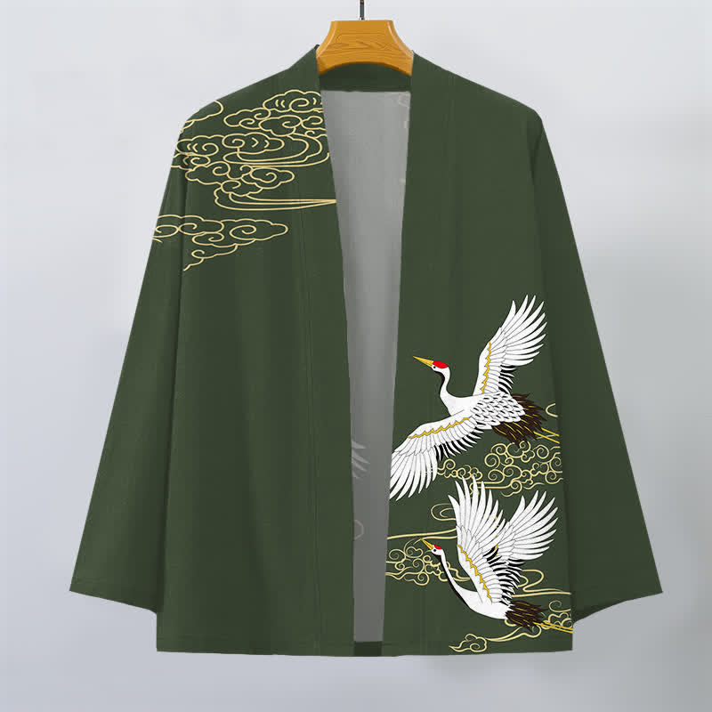 Buddha Stones Kimono pour homme en coton blanc à motif de grues et de nuages ​​porte-bonheur, ouvert sur le devant. - image 7