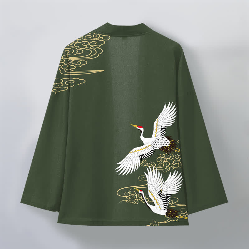 Buddha Stones Kimono pour homme en coton blanc à motif de grues et de nuages ​​porte-bonheur, ouvert sur le devant. - image 8
