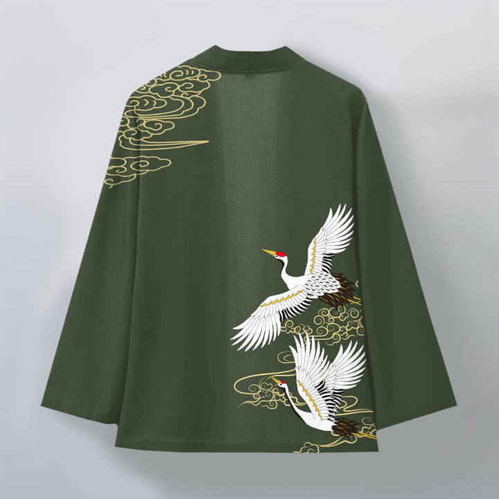 Buddha Stones Kimono pour homme en coton blanc à motif de grues et de nuages ​​porte-bonheur, ouvert sur le devant. - image 8