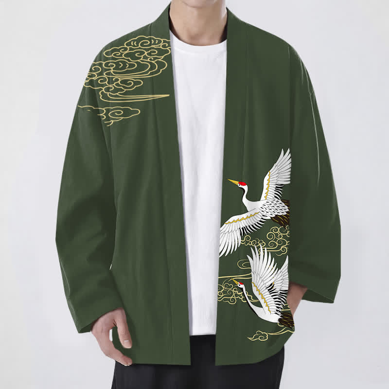 Buddha Stones Kimono pour homme en coton blanc à motif de grues et de nuages ​​porte-bonheur, ouvert sur le devant. - Vert olive foncé - US/UK/AU48，EU58 (4XL) - image 6