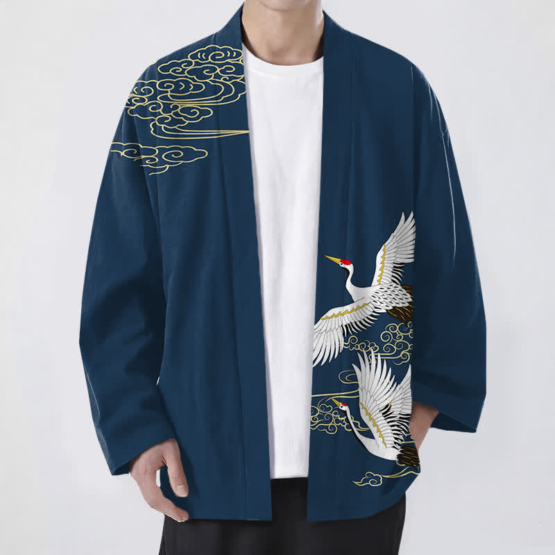 Buddha Stones Kimono pour homme en coton blanc à motif de grues et de nuages ​​porte-bonheur, ouvert sur le devant. - Marine - US/UK/AU48，EU58 (4XL) - image 9