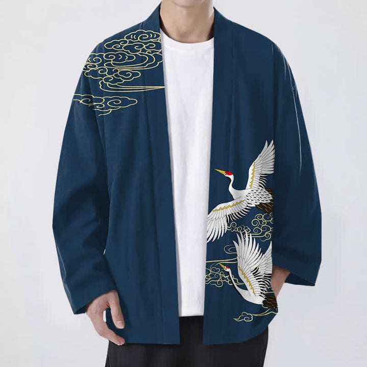 Buddha Stones Kimono pour homme en coton blanc à motif de grues et de nuages ​​porte-bonheur, ouvert sur le devant. - Marine - US/UK/AU48，EU58 (4XL) - image 9
