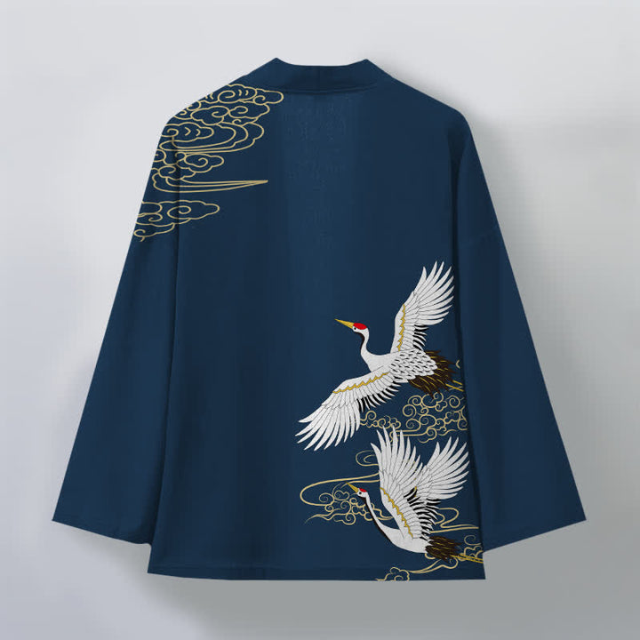 Buddha Stones Kimono pour homme en coton blanc à motif de grues et de nuages ​​porte-bonheur, ouvert sur le devant. - image 11