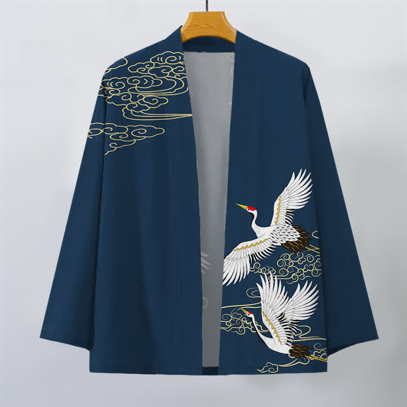 Buddha Stones Kimono pour homme en coton blanc à motif de grues et de nuages ​​porte-bonheur, ouvert sur le devant. - image 10