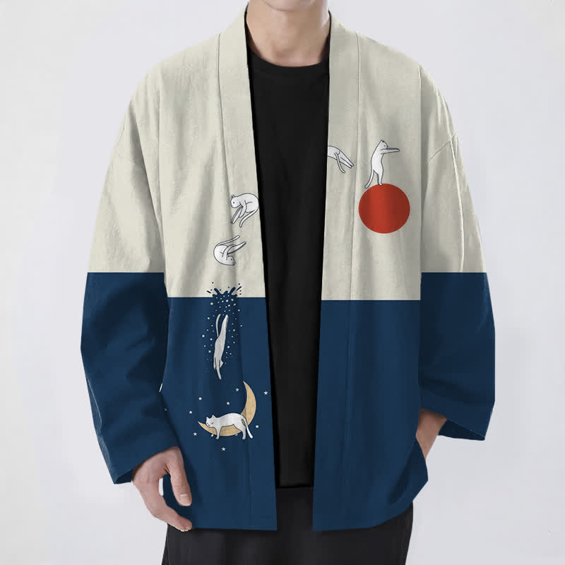 Buddha Stones Kimono pour homme à motif croissant de soleil Cotton Cat, ouvert sur le devant - Marine - US/UK/AU48，EU58 (4XL) - image 0