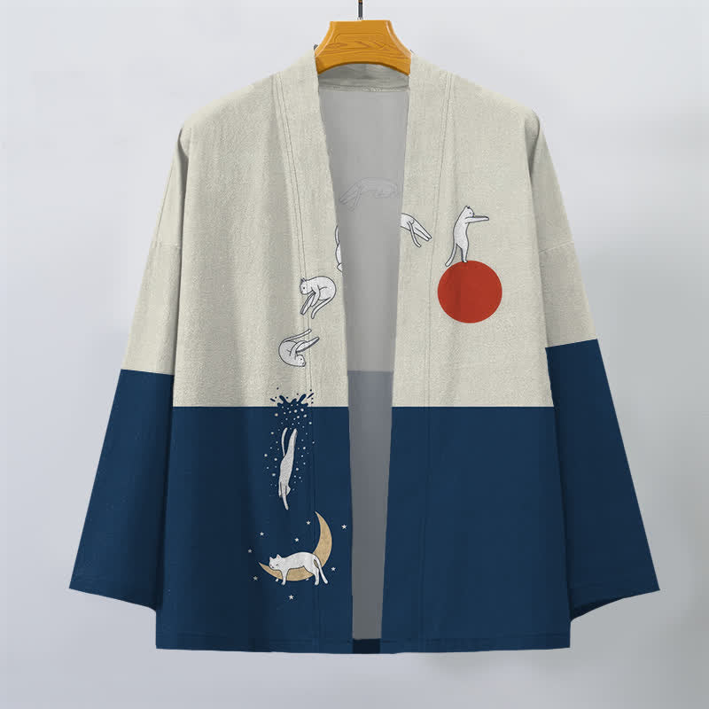 Buddha Stones Kimono pour homme à motif croissant de soleil Cotton Cat, ouvert sur le devant - image 1