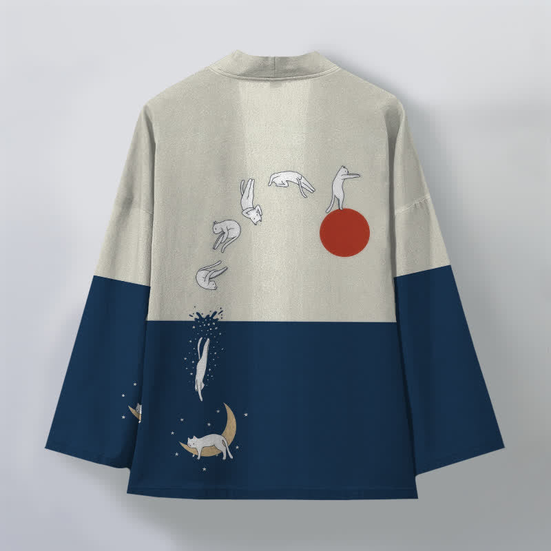 Buddha Stones Kimono pour homme à motif croissant de soleil Cotton Cat, ouvert sur le devant - image 2