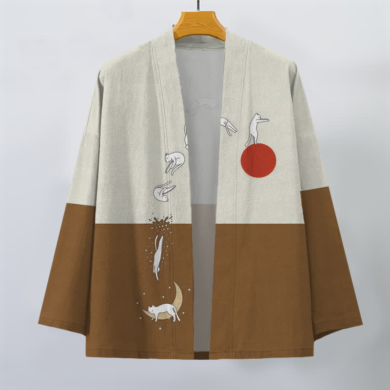 Buddha Stones Kimono pour homme à motif croissant de soleil Cotton Cat, ouvert sur le devant - image 7