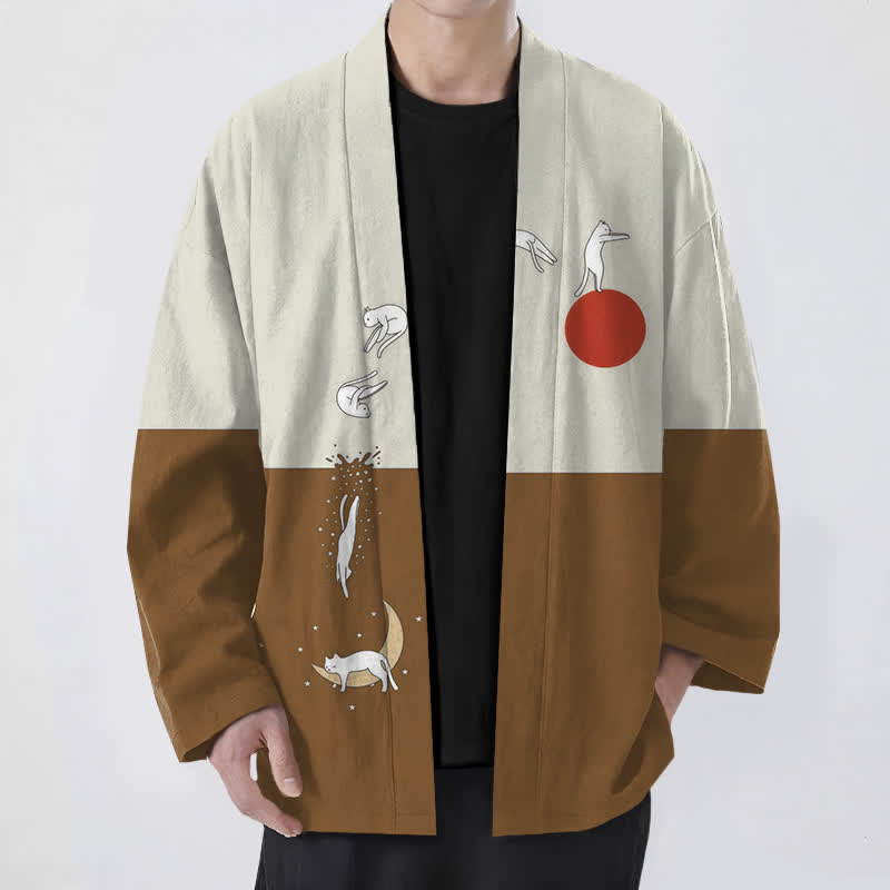 Buddha Stones Kimono pour homme à motif croissant de soleil Cotton Cat, ouvert sur le devant - Pérou - US/UK/AU48，EU58 (4XL) - image 6
