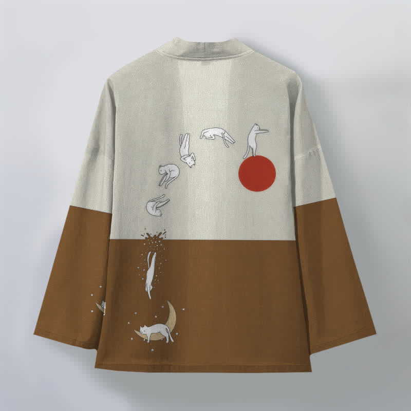 Buddha Stones Kimono pour homme à motif croissant de soleil Cotton Cat, ouvert sur le devant - image 8