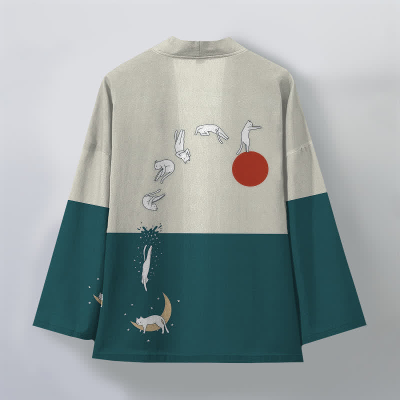 Buddha Stones Kimono pour homme à motif croissant de soleil Cotton Cat, ouvert sur le devant - image 11