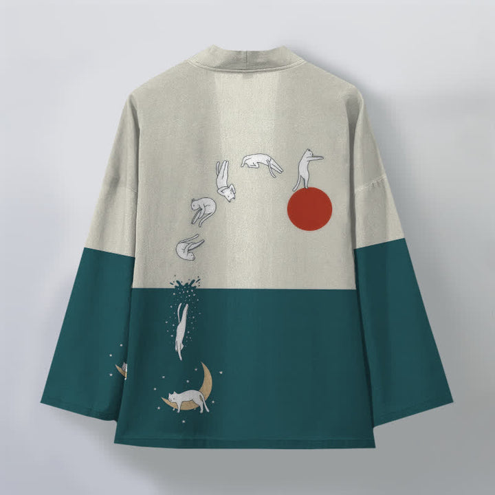 Buddha Stones Kimono pour homme à motif croissant de soleil Cotton Cat, ouvert sur le devant - image 11