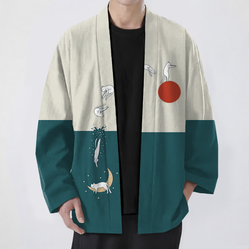 Buddha Stones Kimono pour homme à motif croissant de soleil Cotton Cat, ouvert sur le devant - Sarcelle - US/UK/AU48，EU58 (4XL) - image 9