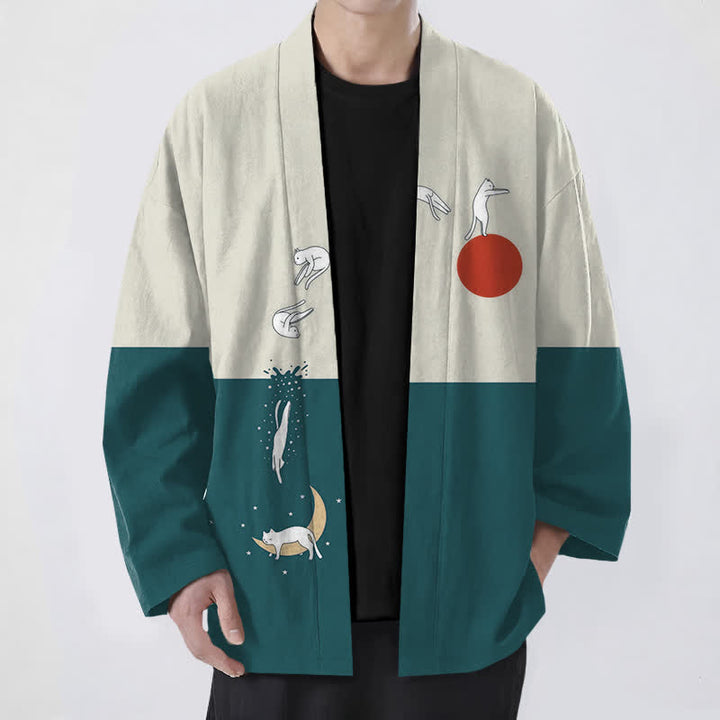 Buddha Stones Kimono pour homme à motif croissant de soleil Cotton Cat, ouvert sur le devant - Sarcelle - US/UK/AU48，EU58 (4XL) - image 9