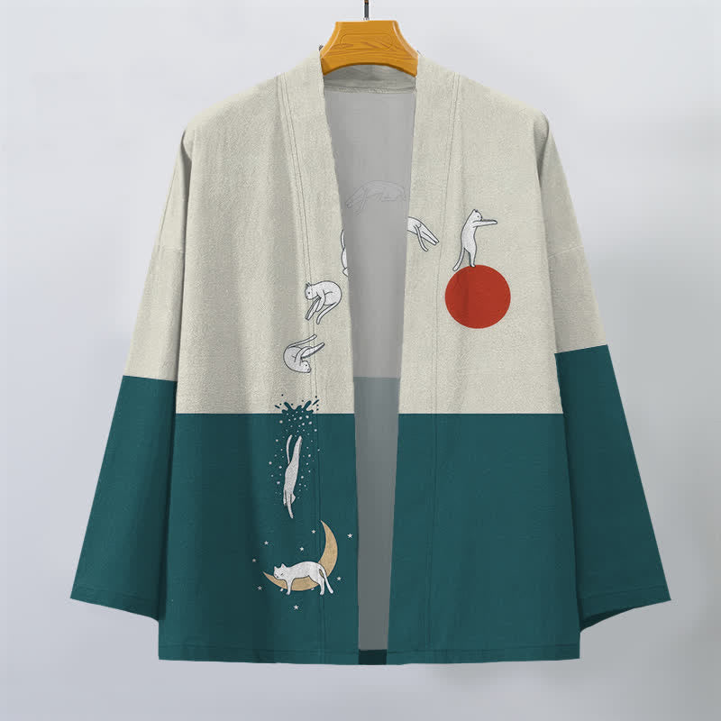 Buddha Stones Kimono pour homme à motif croissant de soleil Cotton Cat, ouvert sur le devant - image 10