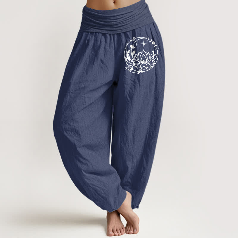 Buddha Stones Pantalon harem pour femme en pur coton, motif lotus zen, taille élastique - Bleu ardoise foncé - US16，UK/AU20，EU48 (3XL) - image 0