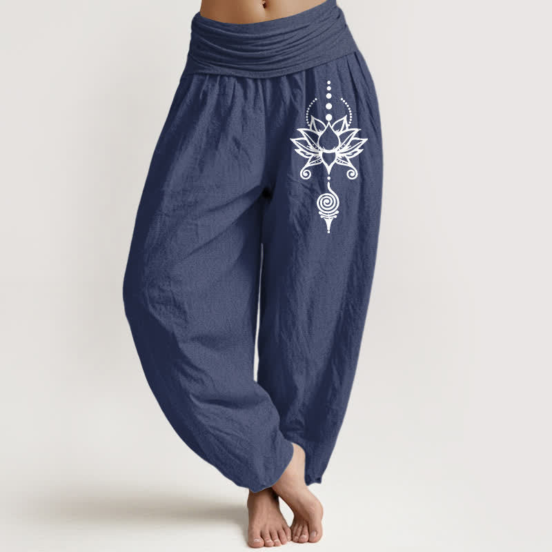 Buddha Stones Pantalon harem pour femme en pur coton, motif géométrique lotus zen, taille élastique - Bleu ardoise foncé - US16，UK/AU20，EU48 (3XL) - image 0