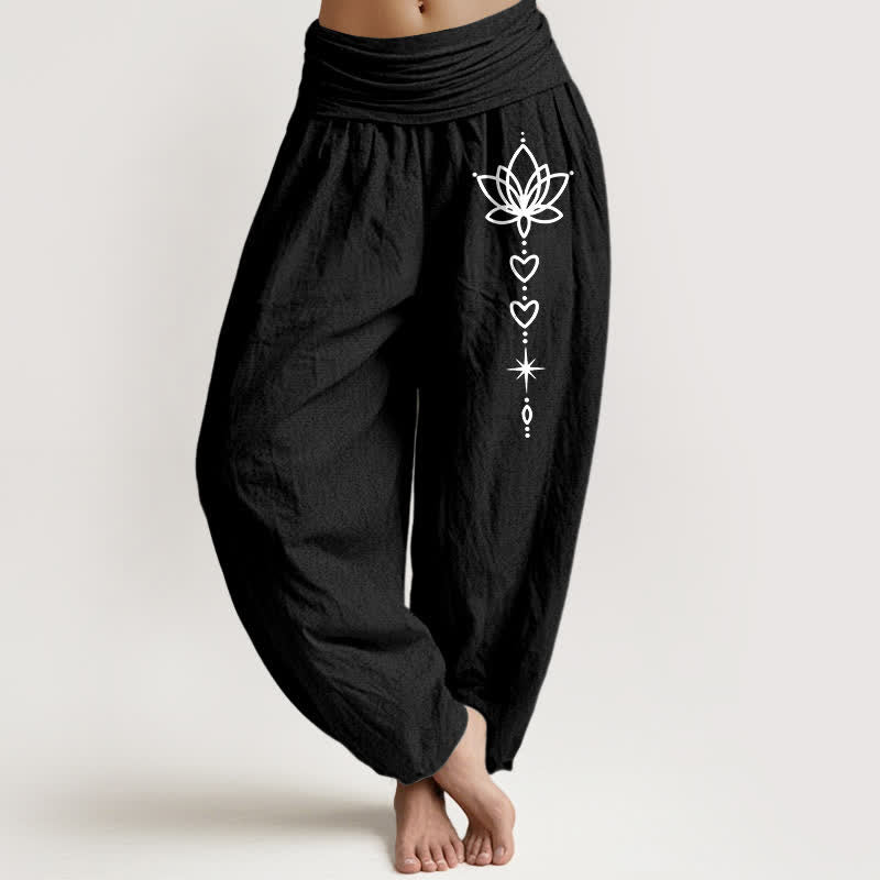 Buddha Stones Pantalon harem pour femme en pur coton, motif cœur de lotus et étoiles, taille élastique - Noir - US16，UK/AU20，EU48 (3XL) - image 0