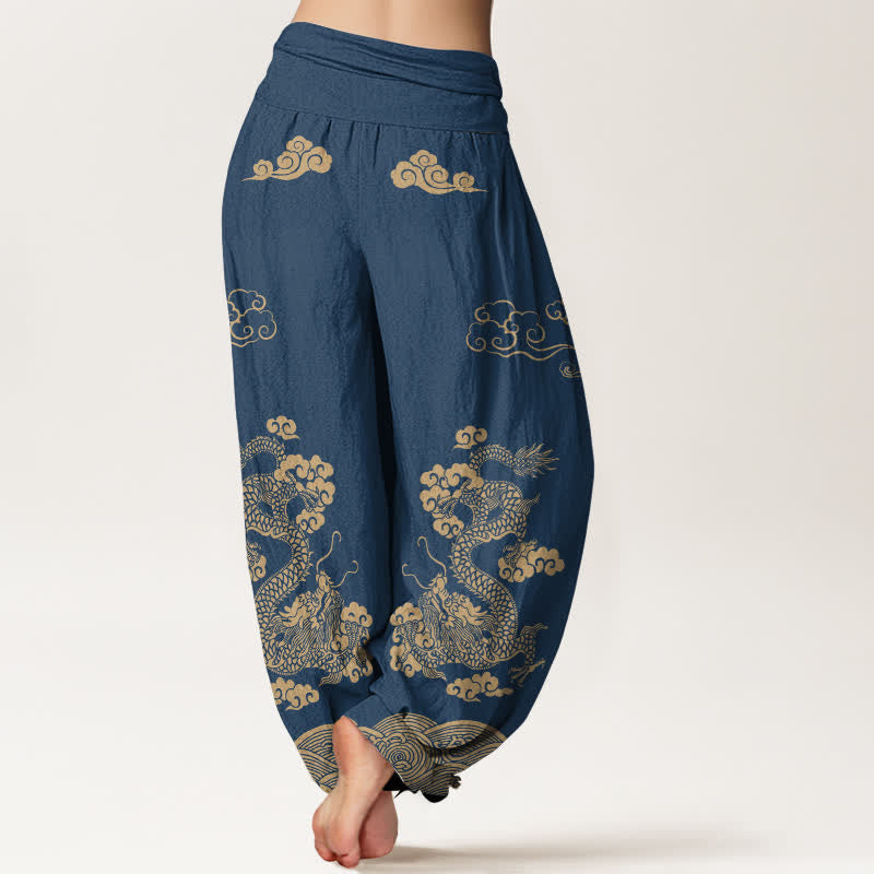 Buddha Stones Pantalon harem à taille élastique pour femme, en coton vintage à motif de dragon et de nuages ​​tourbillonnants - image 2