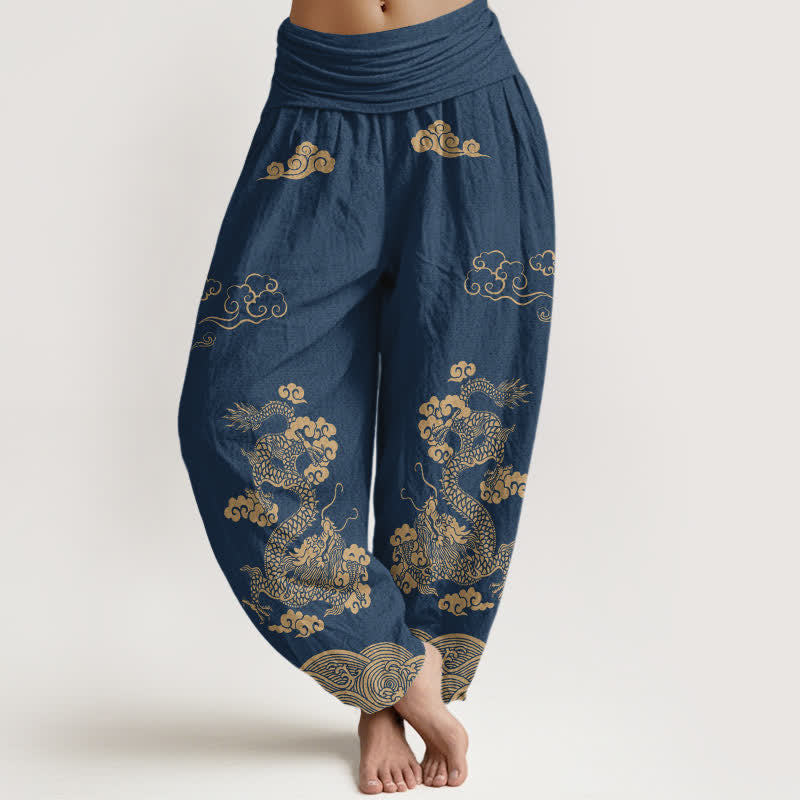 Buddha Stones Pantalon harem à taille élastique pour femme, en coton vintage à motif de dragon et de nuages ​​tourbillonnants - Marine - US16，UK/AU20，EU48 (3XL) - image 0