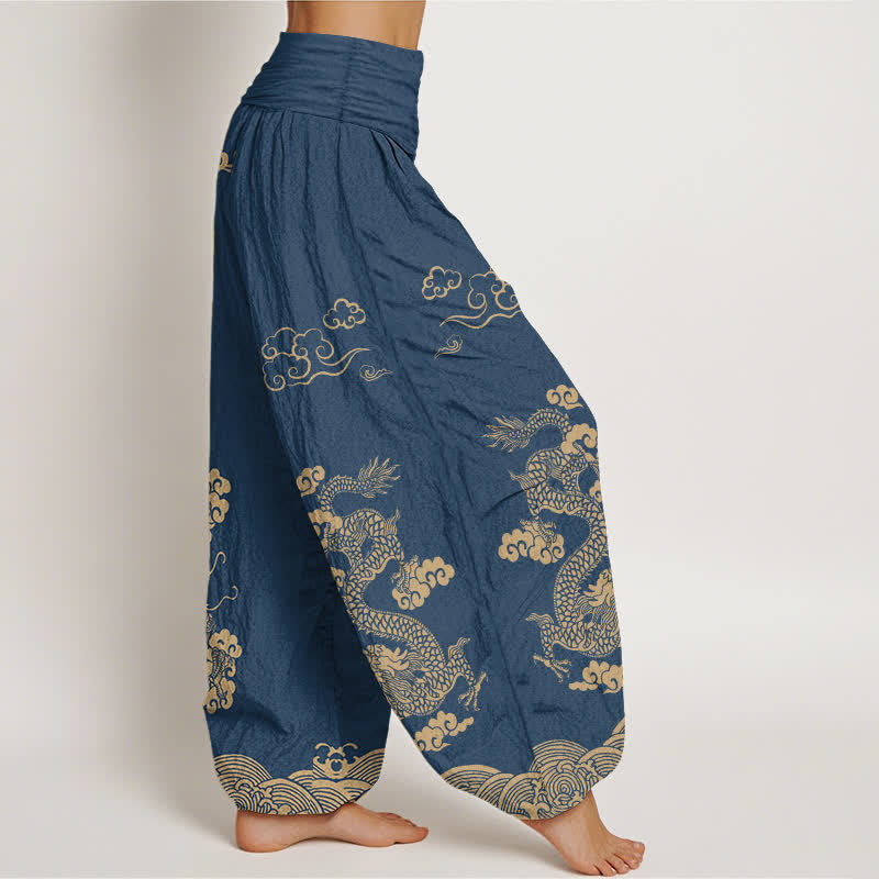 Buddha Stones Pantalon harem à taille élastique pour femme, en coton vintage à motif de dragon et de nuages ​​tourbillonnants - image 1