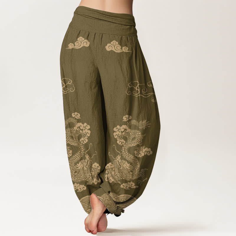 Buddha Stones Pantalon harem à taille élastique pour femme, en coton vintage à motif de dragon et de nuages ​​tourbillonnants - image 7