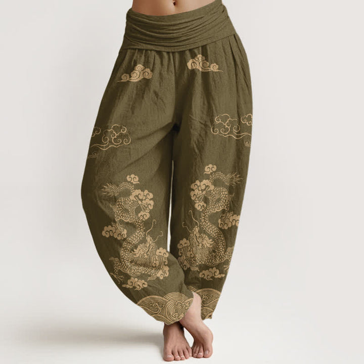 Buddha Stones Pantalon harem à taille élastique pour femme, en coton vintage à motif de dragon et de nuages ​​tourbillonnants - Kaki foncé - US16，UK/AU20，EU48 (3XL) - image 5