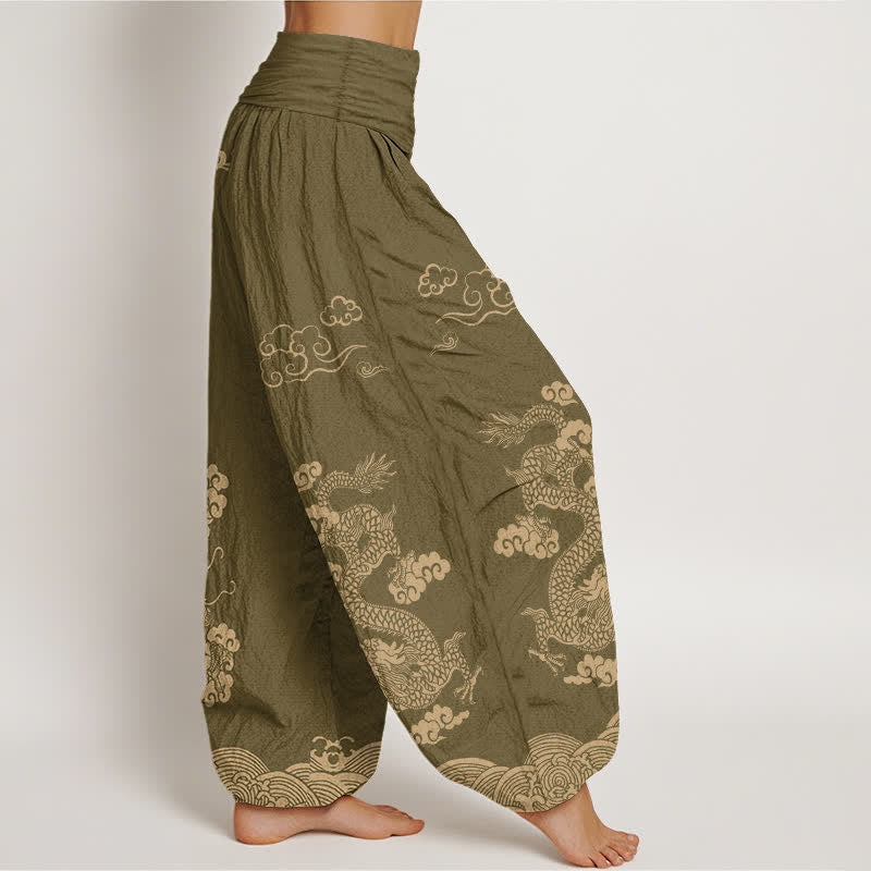 Buddha Stones Pantalon harem à taille élastique pour femme, en coton vintage à motif de dragon et de nuages ​​tourbillonnants - image 6