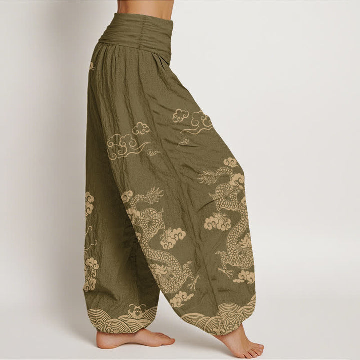 Buddha Stones Pantalon harem à taille élastique pour femme, en coton vintage à motif de dragon et de nuages ​​tourbillonnants - image 6
