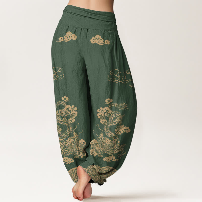 Buddha Stones Pantalon harem à taille élastique pour femme, en coton vintage à motif de dragon et de nuages ​​tourbillonnants - image 10