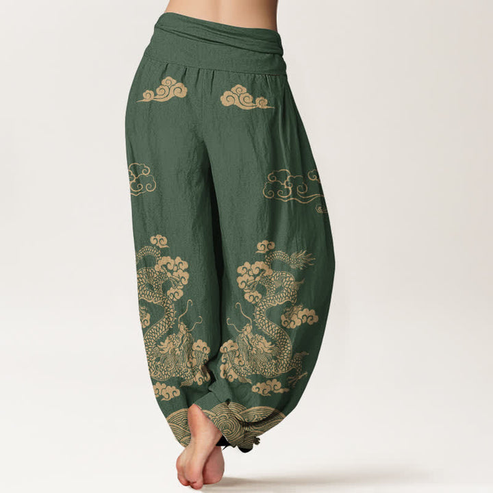 Buddha Stones Pantalon harem à taille élastique pour femme, en coton vintage à motif de dragon et de nuages ​​tourbillonnants - image 10