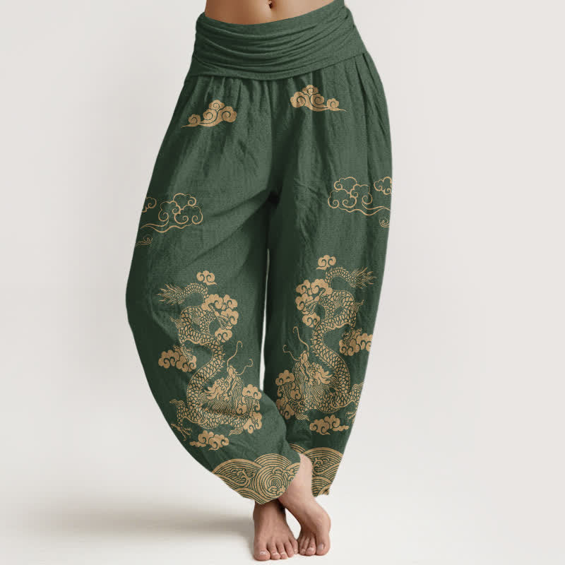 Buddha Stones Pantalon harem à taille élastique pour femme, en coton vintage à motif de dragon et de nuages ​​tourbillonnants - Vert foncé - US16，UK/AU20，EU48 (3XL) - image 8
