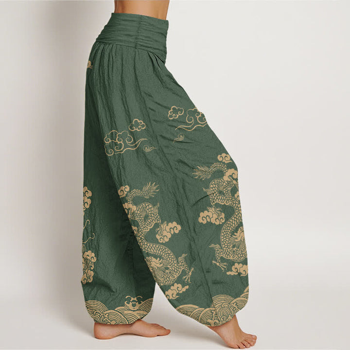 Buddha Stones Pantalon harem à taille élastique pour femme, en coton vintage à motif de dragon et de nuages ​​tourbillonnants - image 9