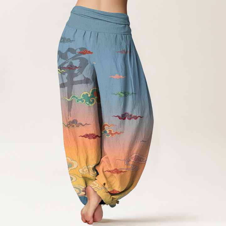 Buddha Stones Pantalon harem femme en coton à motif oriental délavé nuageux et taille élastique - image 2