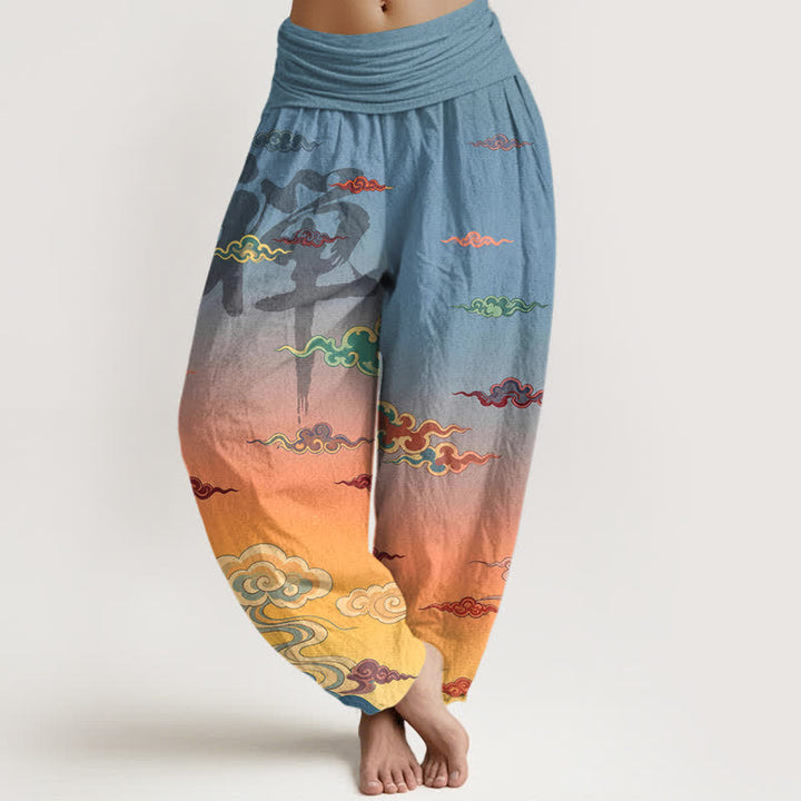 Buddha Stones Pantalon harem femme en coton à motif oriental délavé nuageux et taille élastique - Orange - US16，UK/AU20，EU48 (3XL) - image 0