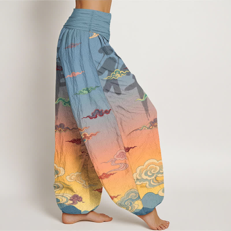 Buddha Stones Pantalon harem femme en coton à motif oriental délavé nuageux et taille élastique - image 1