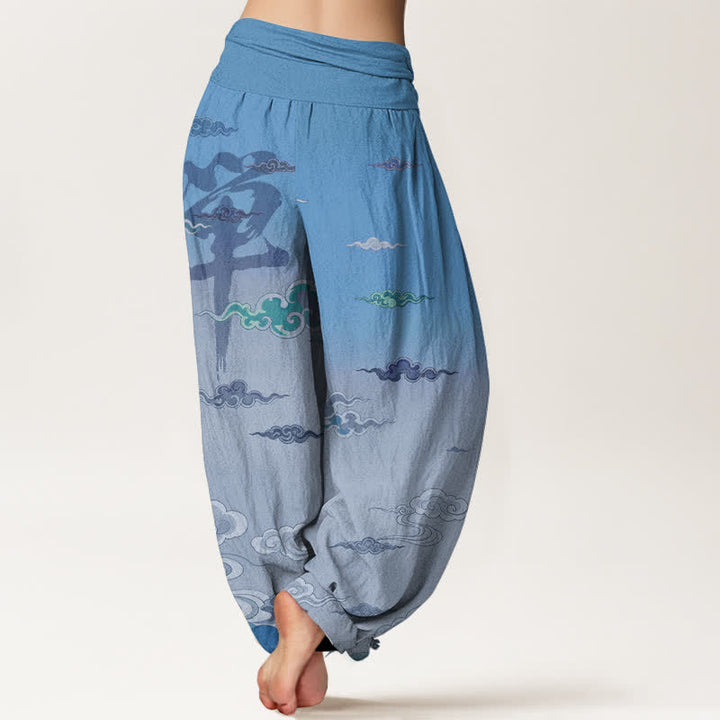 Buddha Stones Pantalon harem femme en coton à motif oriental délavé nuageux et taille élastique - image 7