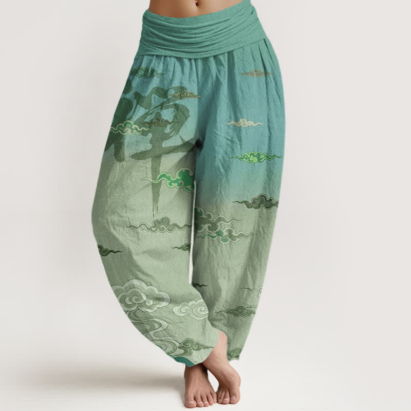 Buddha Stones Pantalon harem femme en coton à motif oriental délavé nuageux et taille élastique - Vert pâle - US16，UK/AU20，EU48 (3XL) - image 8
