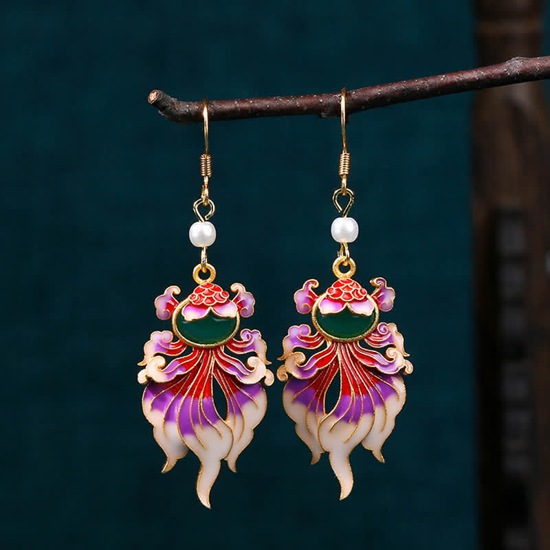 Buddha Stones Boucles d'oreilles pendantes rétro en cuivre représentant des carpes koï, symbole de richesse. - image 2